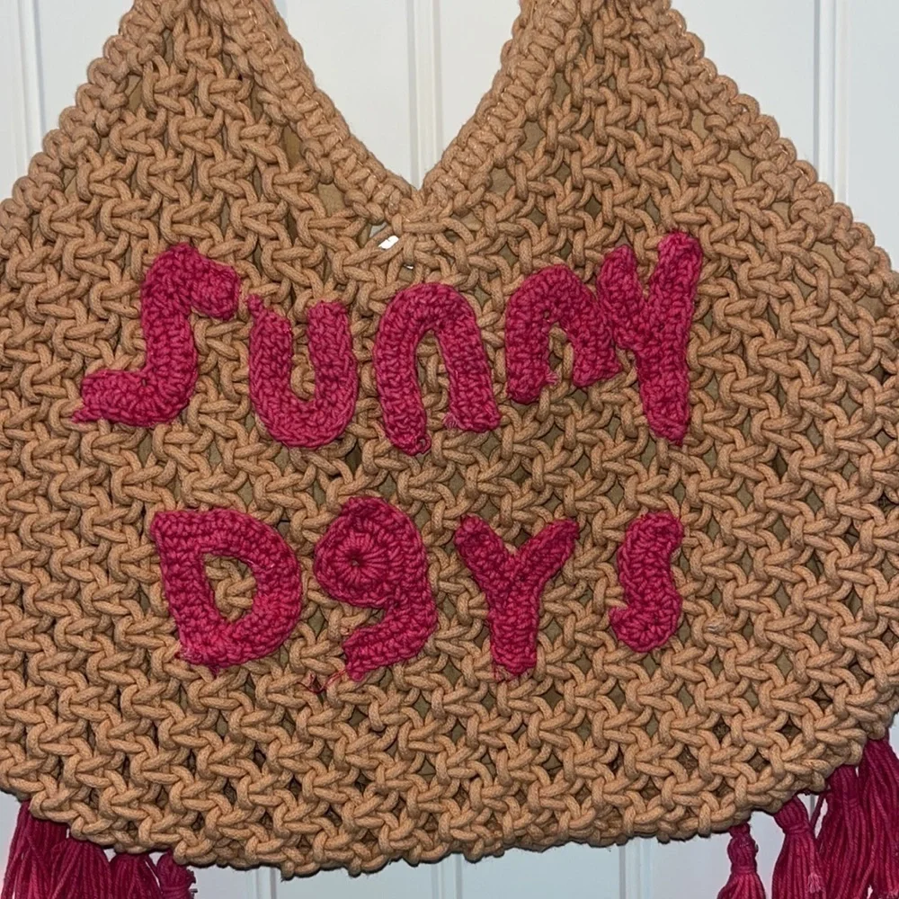 Macrame woven beach tote bag purse pink Sunny Days hippie boho tassels New